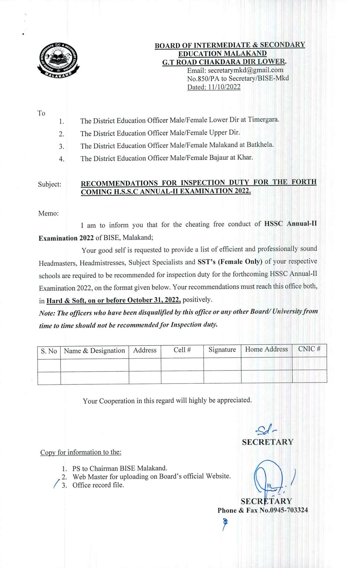 BISE Malakand Notification Regarding Duty for the Forth HSSC Annual-Il Exams 2022