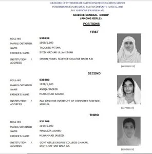 AJKBISE 12th General Science Girls Toppers 2022