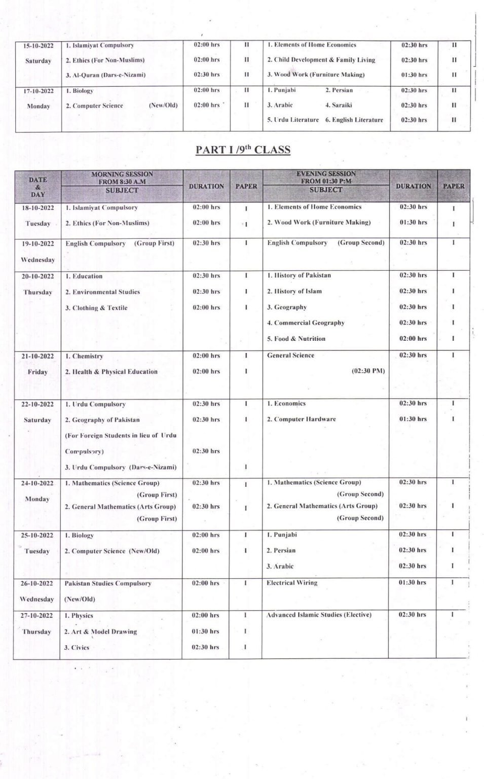 BISE Bahawalpur Board SSC-I (9th Class) 2nd Annual Exam Date Sheet 2022
