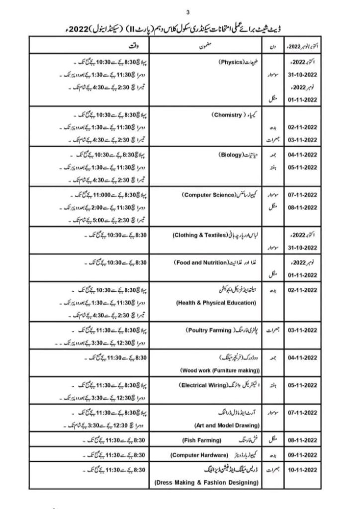 BISE DG Khan SSC 2nd Annual Practical Examination Date sheet 2022