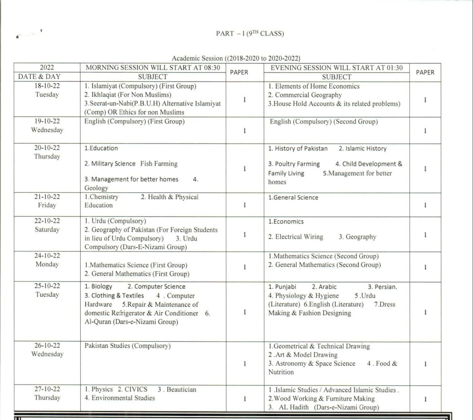 BISE Sargodha Board SSC-I (9th Class) 2nd Annual Exam Date Sheet 2022 BISE Sargodha Board SSC-I (9th Class) 2nd Annual Exam Date Sheet 2022