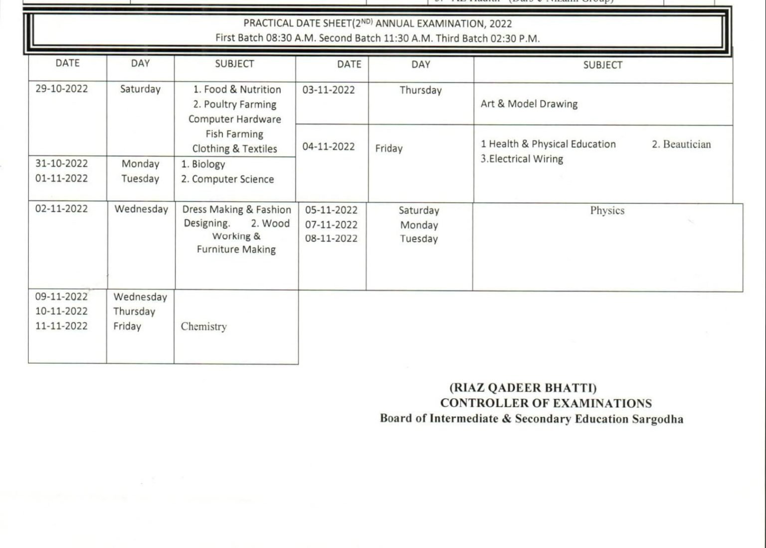 BISE Sargodha SSC Practical 2nd Annual Exams Date Sheet 2022 BISE Sargodha SSC Practical 2nd Annual Exams Date Sheet 2022