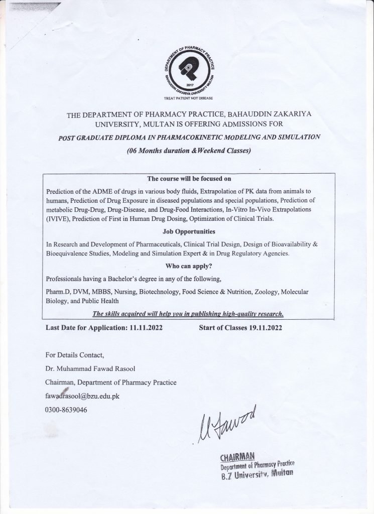 BZU Post Graduate Diploma in Pharmacokinetic Modeling & Simulation