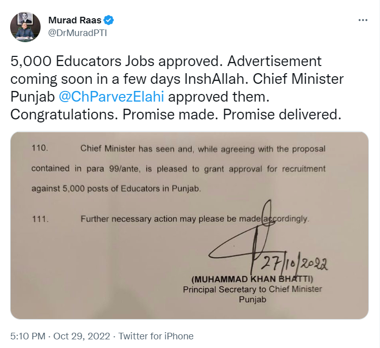 Education Minister Murad Saeed's Official Tweet