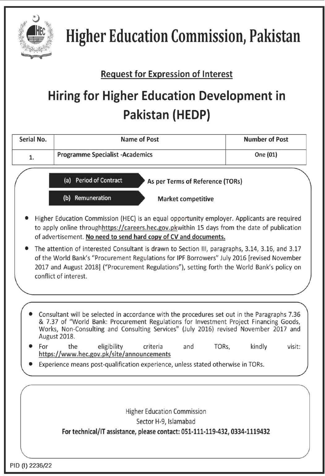 HEC Latest Jobs 2022 for Programs Specialist Academics