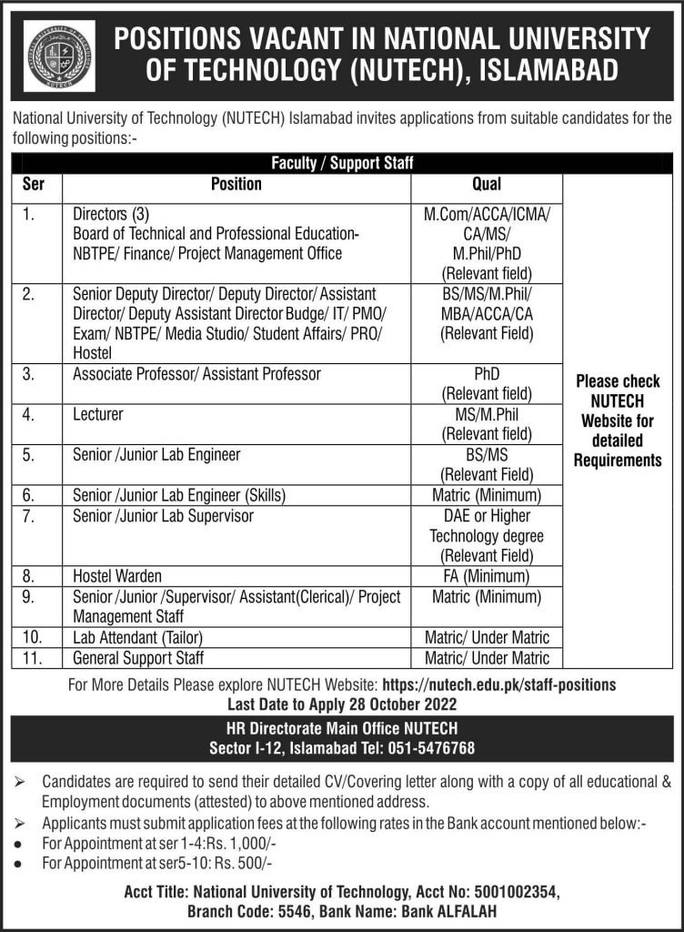 National University Of Technology NUTECH Latest October Jobs 2022 National University Of Technology NUTECH Latest October Jobs 2022