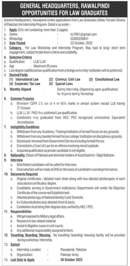 Pak Army GHQ Rawalpindi Internships 2022 for Law Graduates Pak Army GHQ Rawalpindi Internships 2022 for Law Graduates