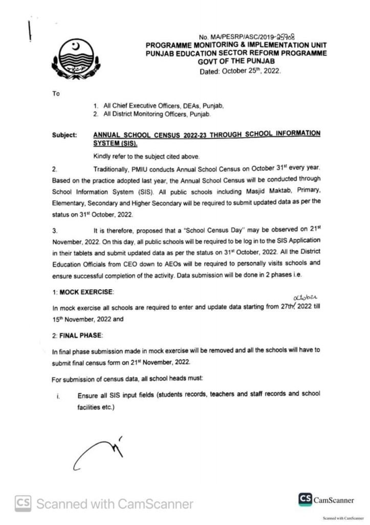 Punjab Annual School Census 2022-23 Through SIS Portal Punjab Annual School Census 2022-23 Through SIS Portal