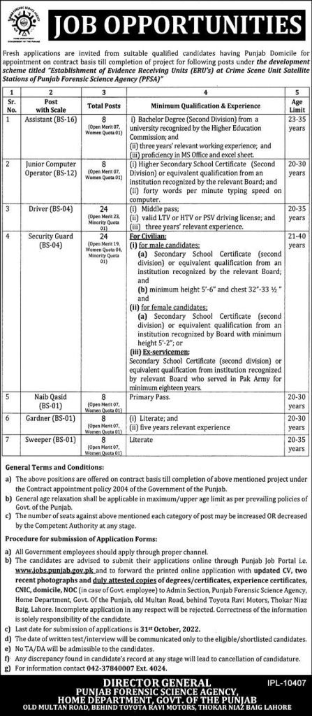 Punjab Forensic Science Agency Lahore Latest Jobs 2022