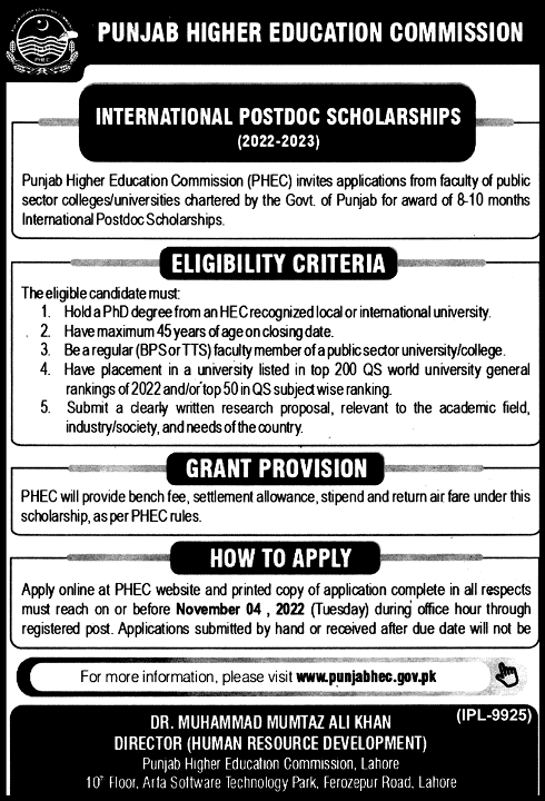 Punjab HEC (PHEC) Postdoc Scholarship Program 2022 Punjab HEC (PHEC) Postdoc Scholarship Program 2022
