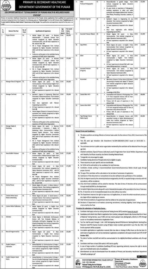 Punjab Primary & Secondary Healthcare Latest Jobs 2022 Through NTS