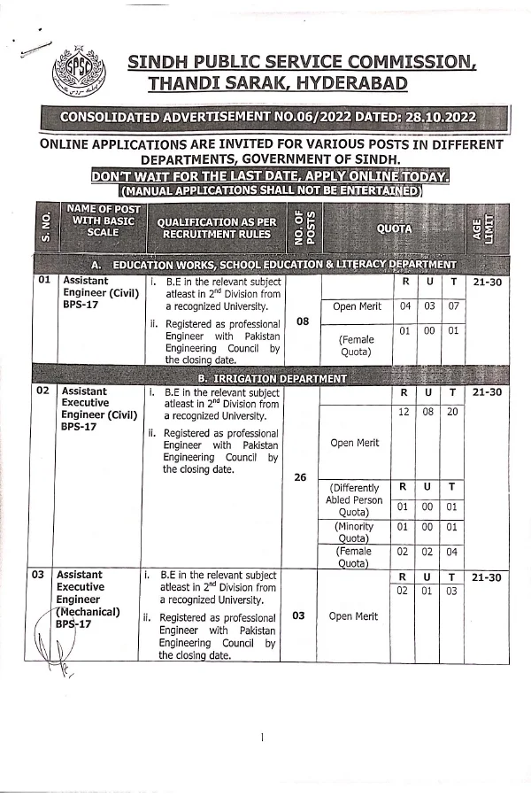 SPSC Jobs Advertisement # 6/2022 for Education and Irrigation Departments