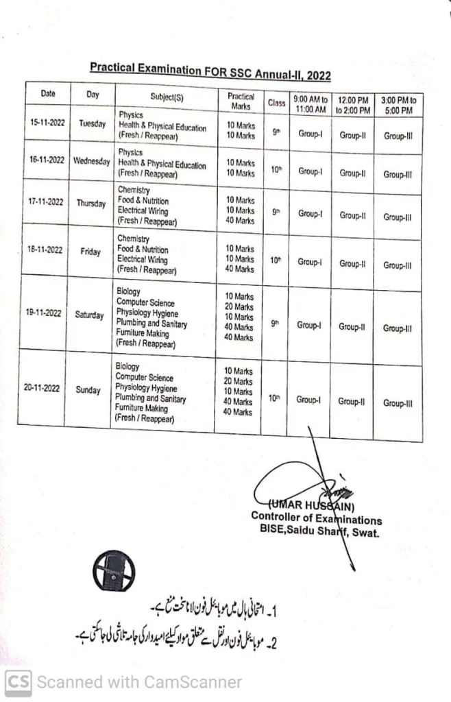 Swat Board 9th 10th CLass Date sheet 2022