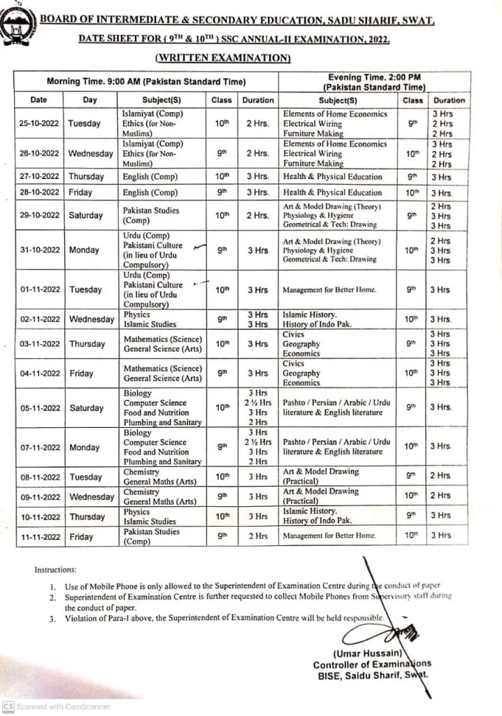 Swat Board 9th 10th CLass Date sheet 2022