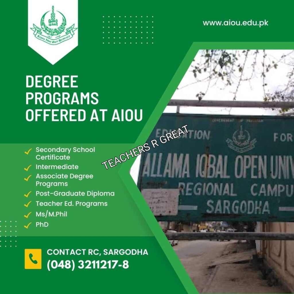 AIOU Sargodha Offered Admissions in Various Degree Programs (Fall) 2022
