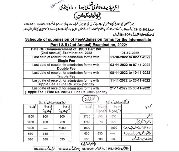 BISE Rawalpindi Inter 2nd Annual Exams Registration Schedule 2022