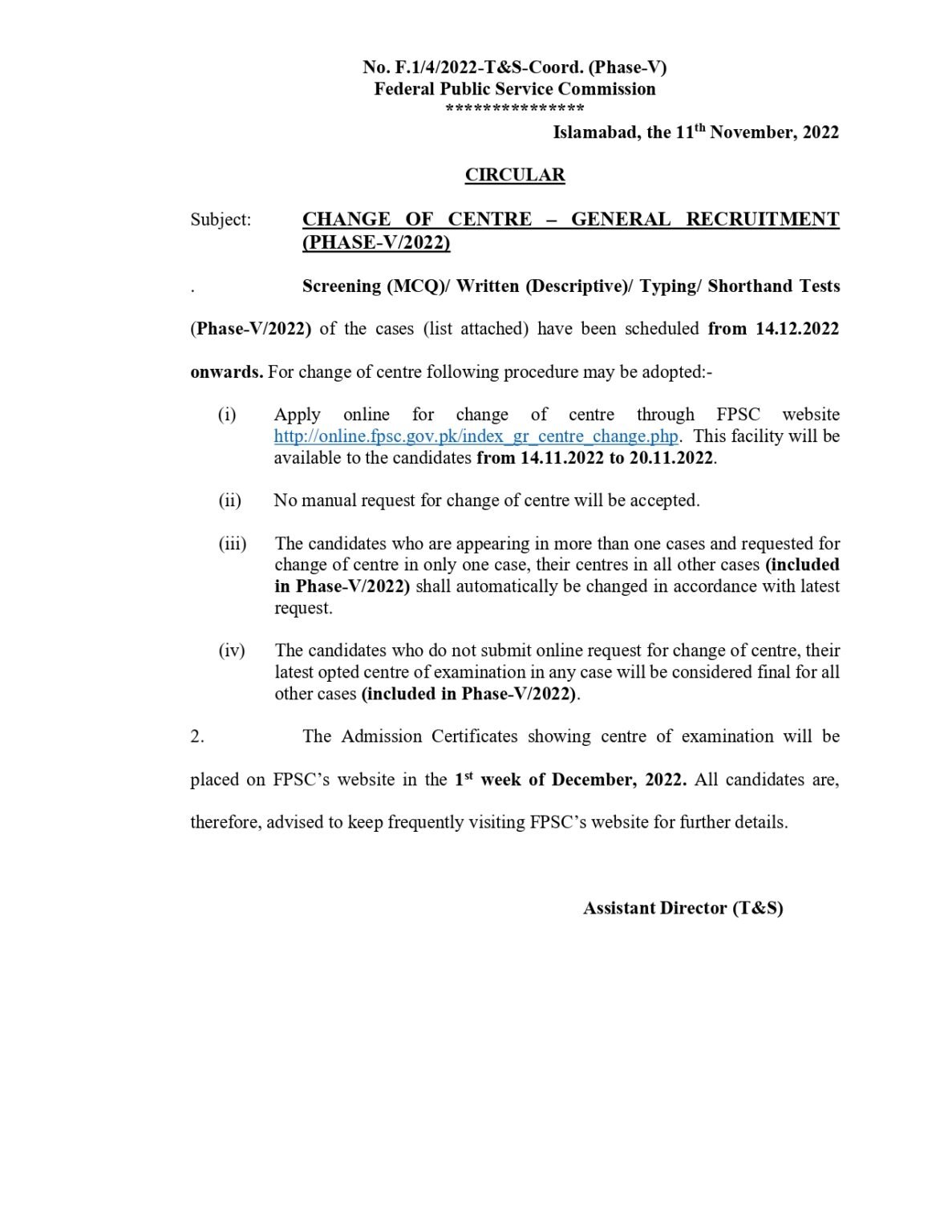 FPSC GR Tests Phase V/2022 Schedule and Change of Center Notification