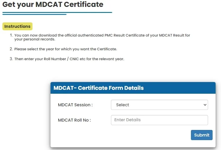 Download PMC MDCAT Result Certificates 2022