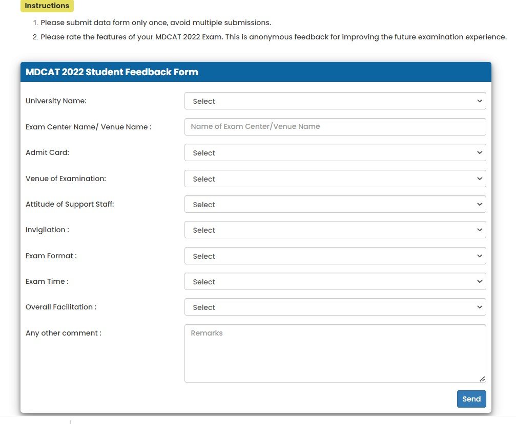 Pakistan Medical Commission MDCAT Student Feedback Form 2022
