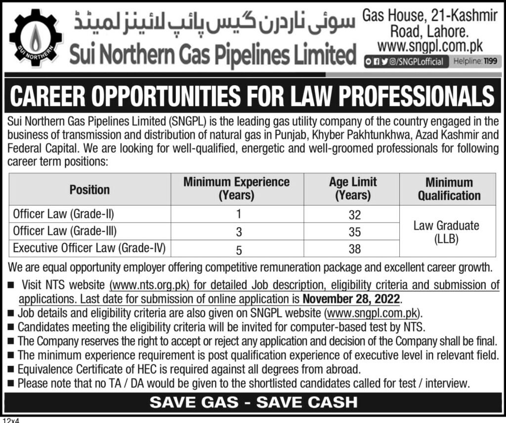 Sui Northern Gas Pipelines Limited Jobs 2022