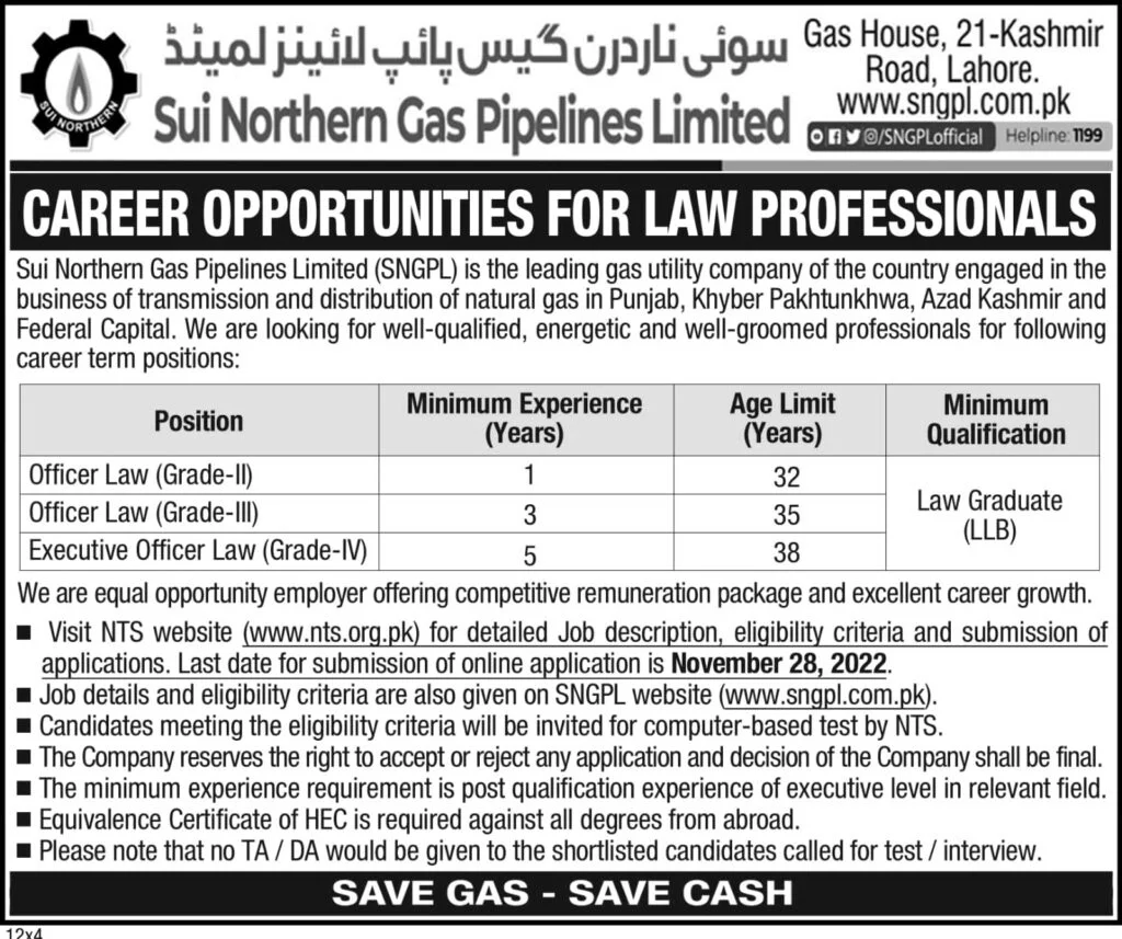 Sui Northern Gas Pipelines Limited Jobs 2022