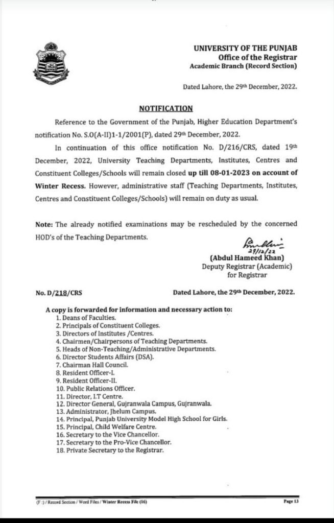 University of Punjab Latest Notification About Winter Vacations 2022