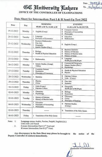 GCU Lahore Issued Inter (Part I & II) Send up Date sheet 2022