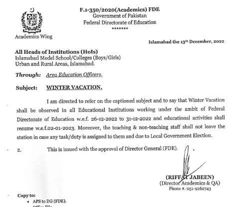 FDE Islamabad Announced Winter Vacations 2022 in Schools