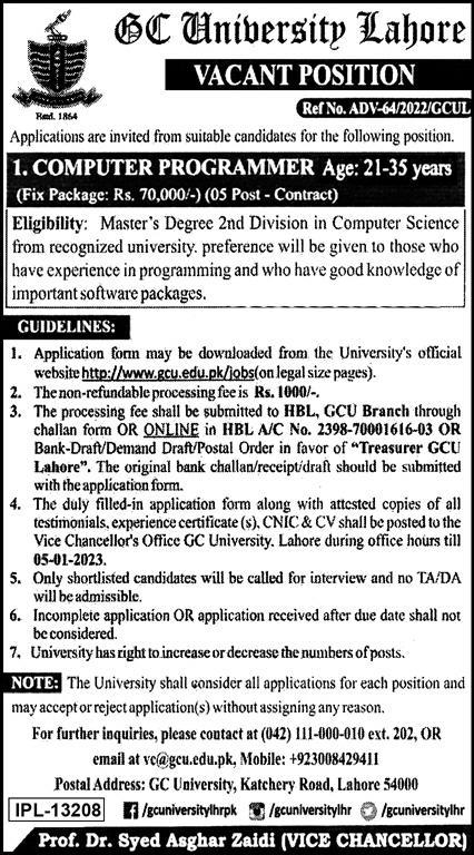 GC University Lahore (GCUL) Computer Programmer Jobs 2022