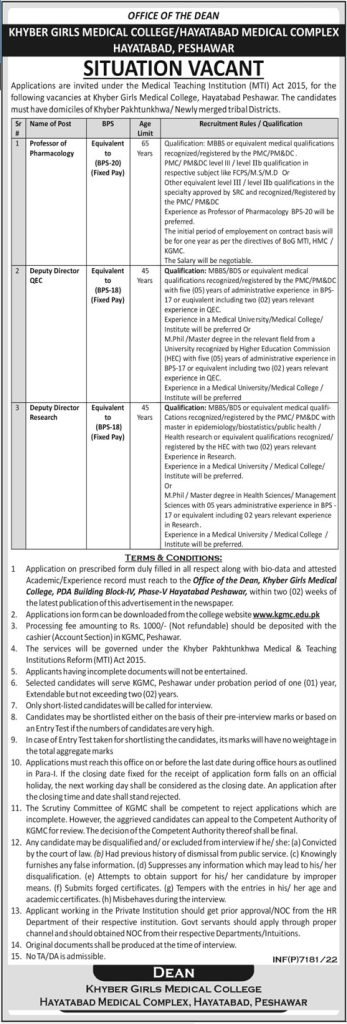 Khyber Girls Medical College Peshawar Jobs 2023