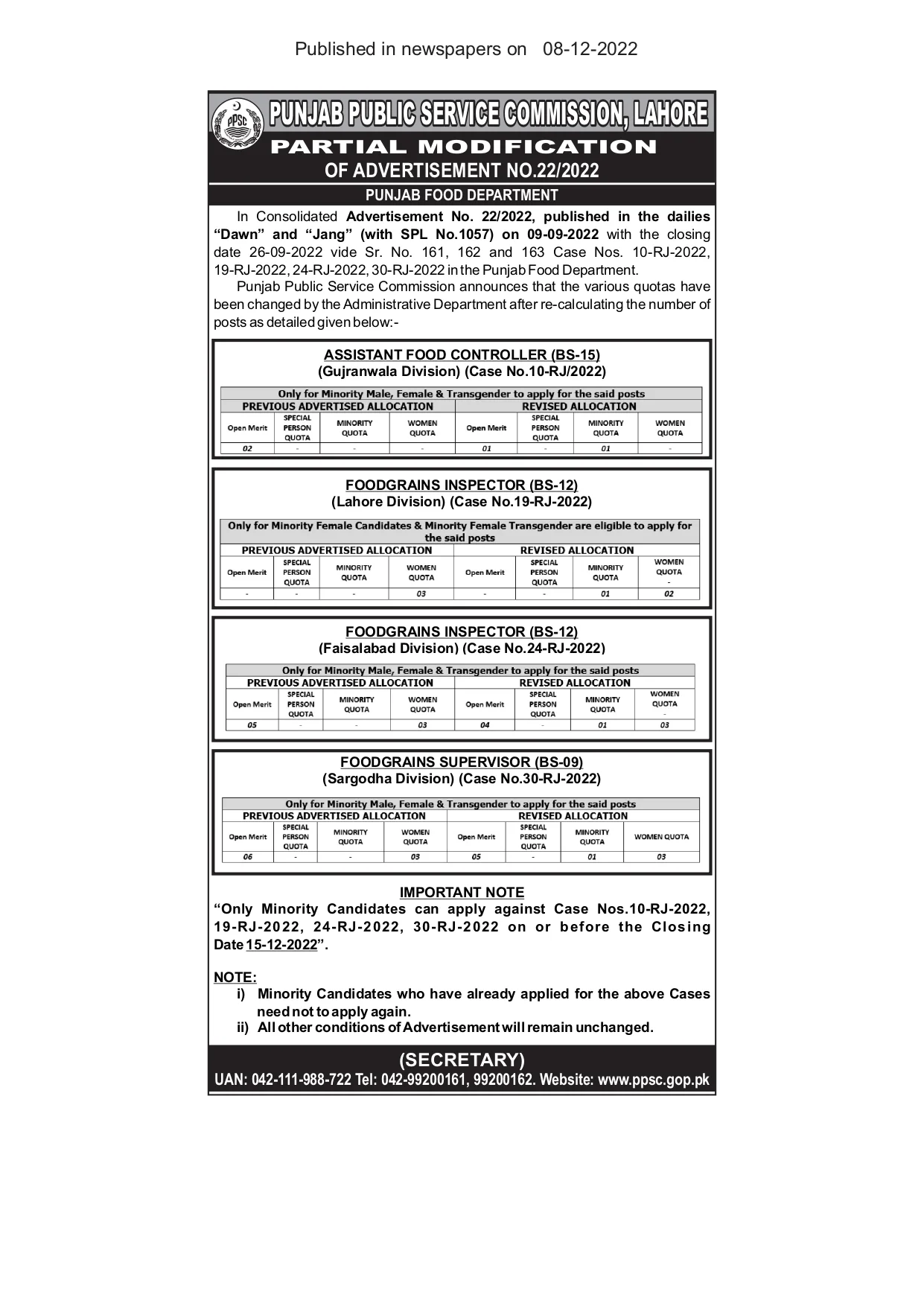 Partial Modification of PPSC Advertisement 22-2022