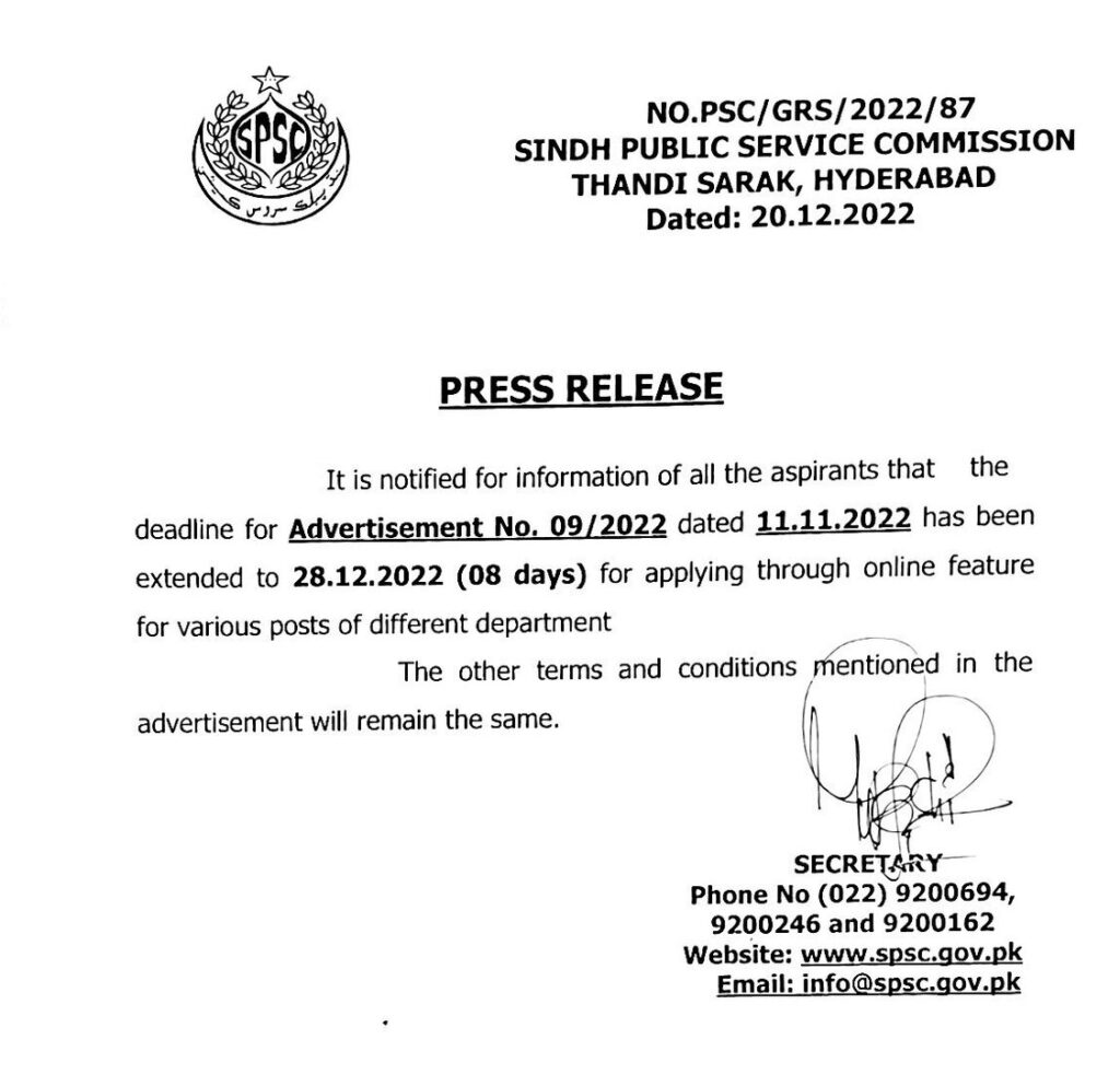 SPSC Extended Date for Advertisement # 9-2022