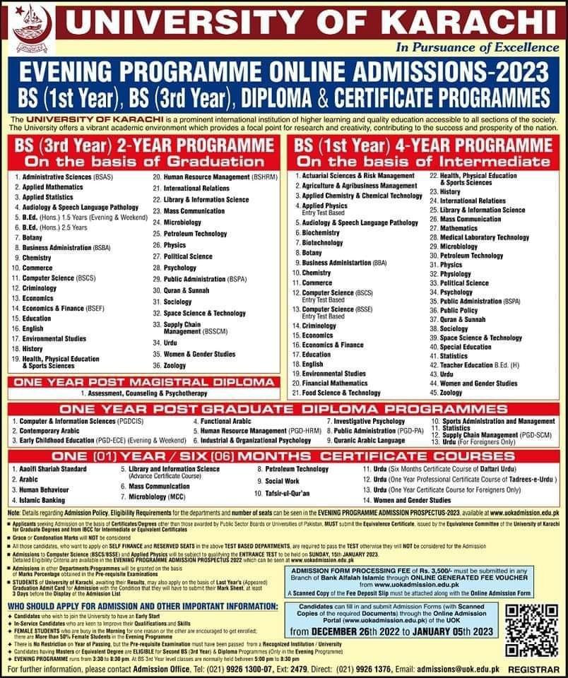 UOK Undergraduate (Evening) Program Admission 2023