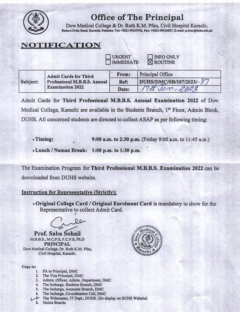 DUHS Admit Cards for the 3rd Professional MBBS Annual Exams