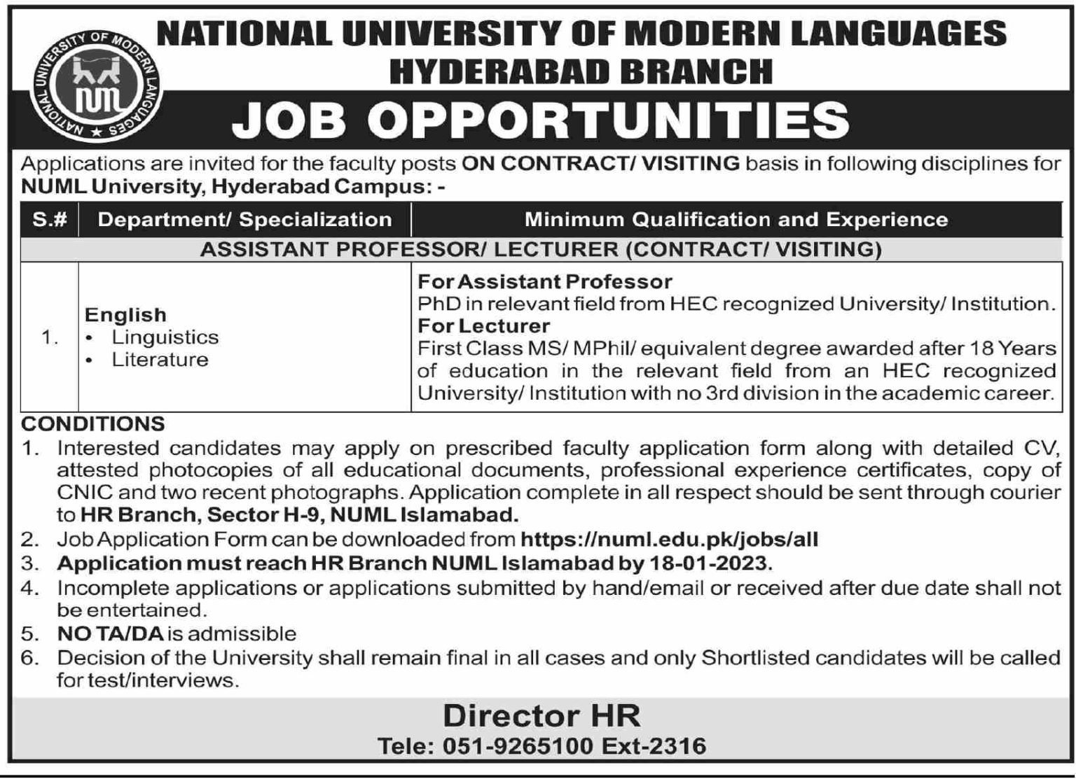 NUML Hyderabad Latest Faculty Jobs 2023