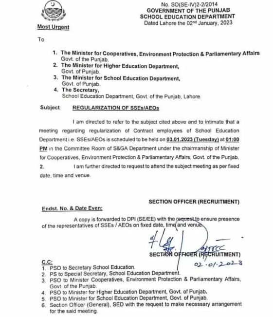 Punjab Education Department Meeting on Regularization of SSEs/AEOs Punjab Education Department Meeting on Regularization of SSEs/AEOs