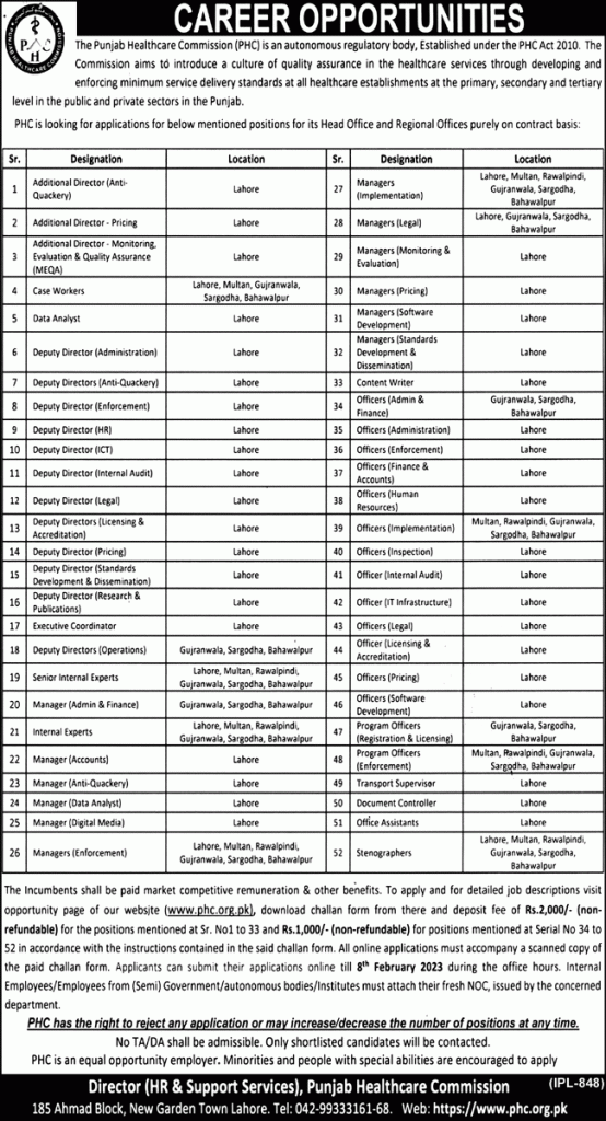 Punjab Healthcare Commission PHC Lahore February Jobs 2023