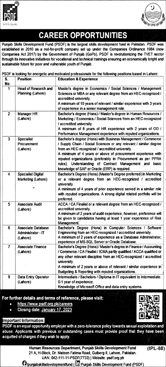 Punjab Skills Development Fund (PSDF) Latest January Jobs 2023