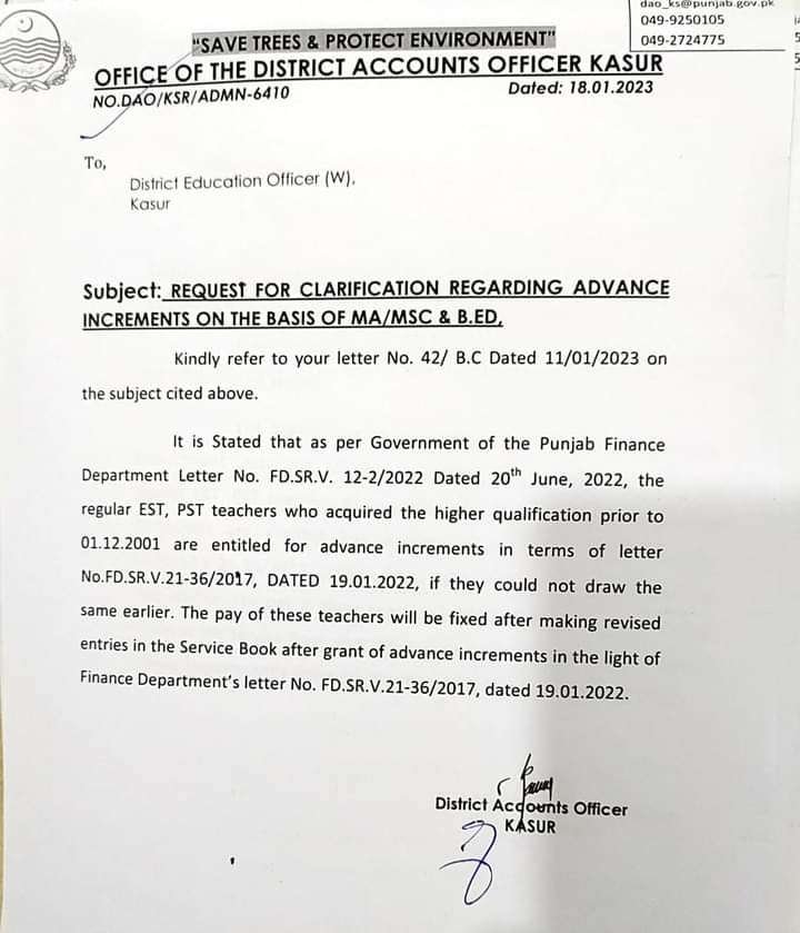 Punjab Govt Notification Regarding Advance increments to EST/ PST based on MA/MSc & B.Ed