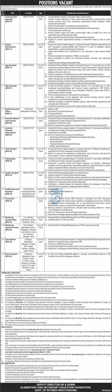 Elementary and Secondary Education Department KPK Latest Jobs 2023 Elementary and Secondary Education Department KPK Latest Jobs 2023