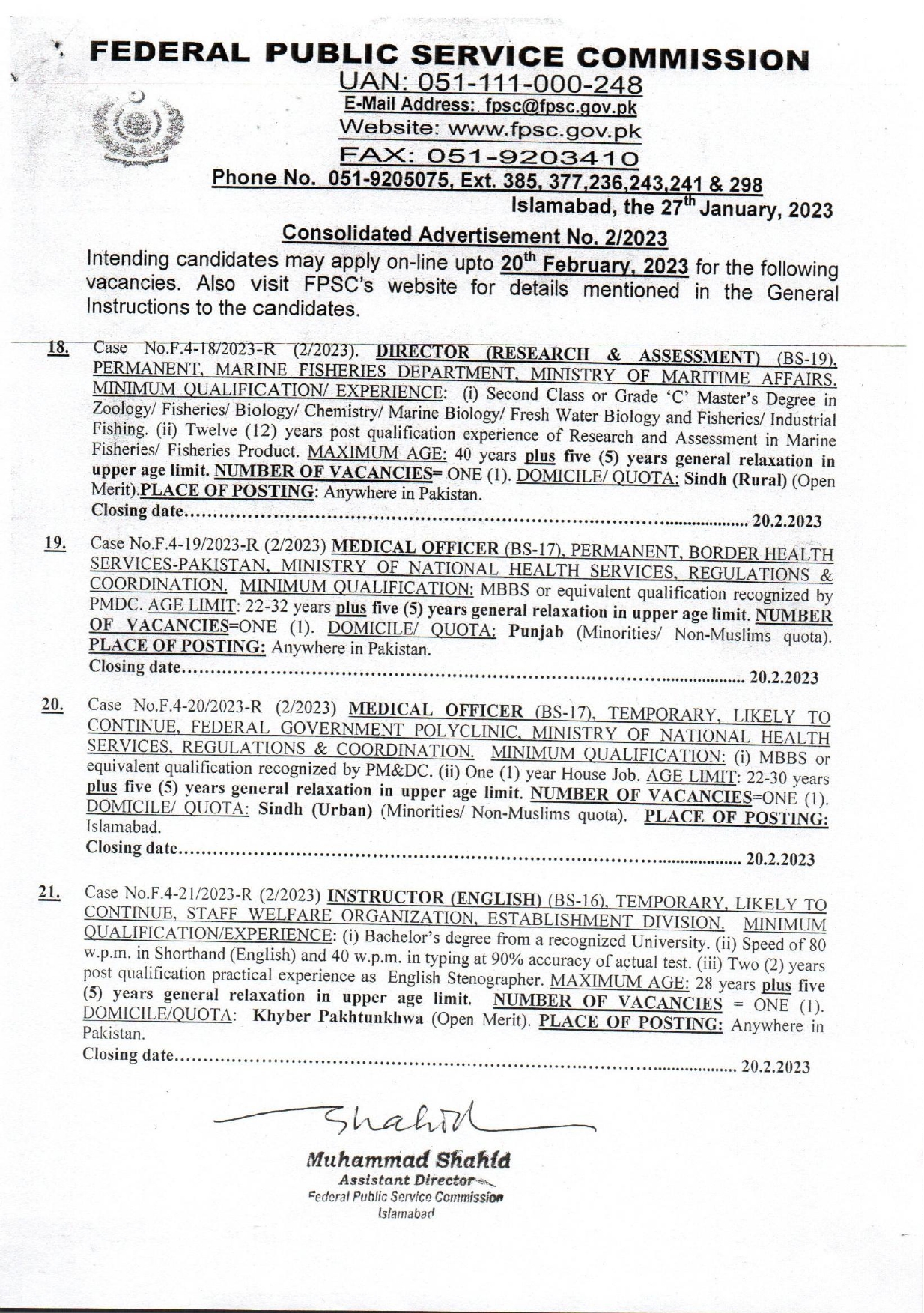 Federal Public Service Commission FPSC Advertisement No 02/2023 Jobs