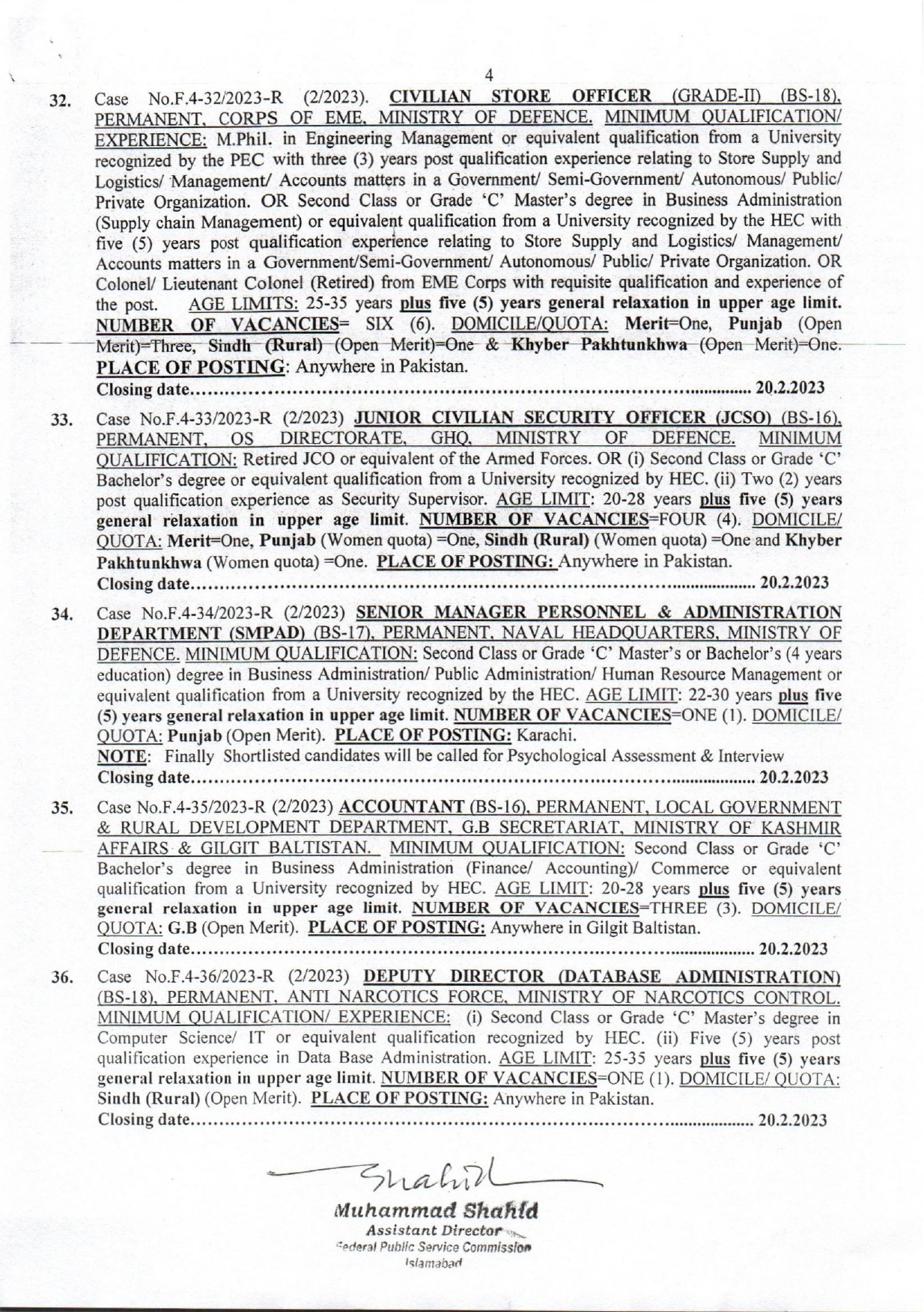 Federal Public Service Commission FPSC Advertisement No 02/2023 Jobs