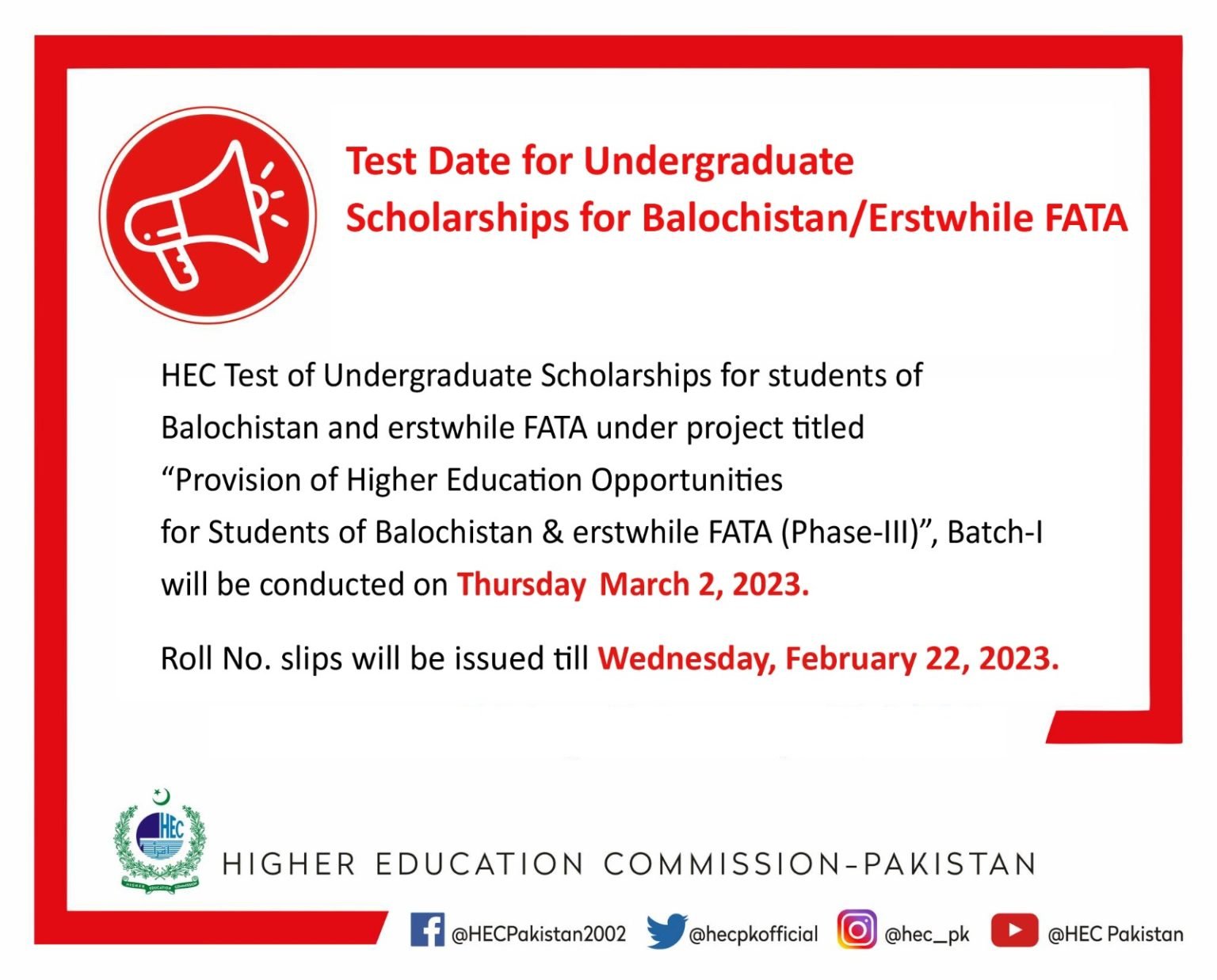 HEC Issued Balochistan & ErstWhile FATA BS Scholarship Test Roll Number Slips 2023 HEC Issued Balochistan & ErstWhile FATA BS Scholarship Test Roll Number Slips 2023