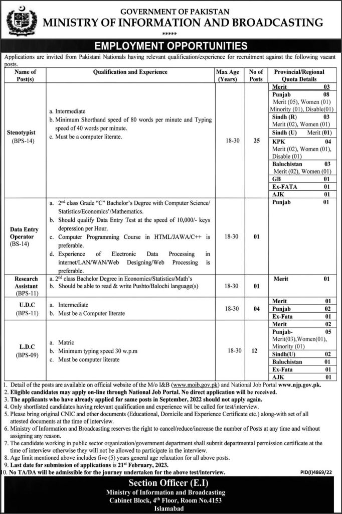 Ministry Of Information And Broadcasting Latest Jobs 2023