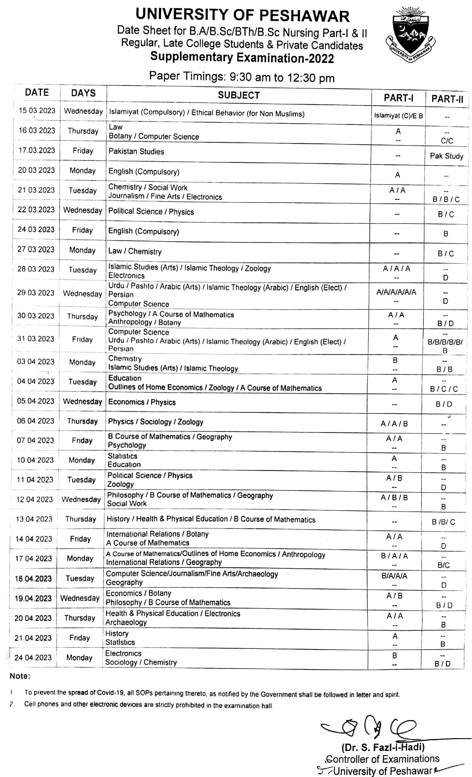 Peshawar University Issued Supplementary Exams Date sheet 2023 of Various Programs