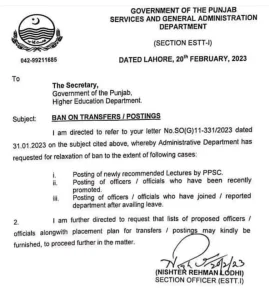 Punjab Education Department Requests Relaxation of Ban on Transfer Posting