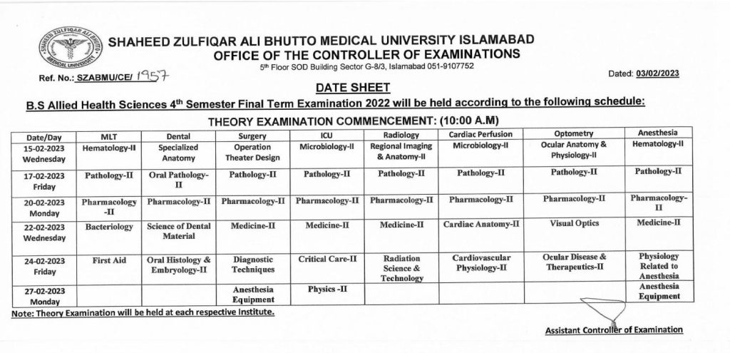 SZABMU BS AHS Final Exam (4th Semester) Date Sheet 2023