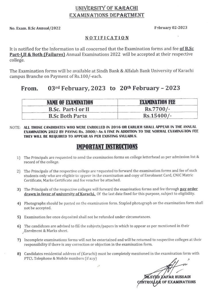 UOK BSc Part I & II Exam Fee Schedule 2023