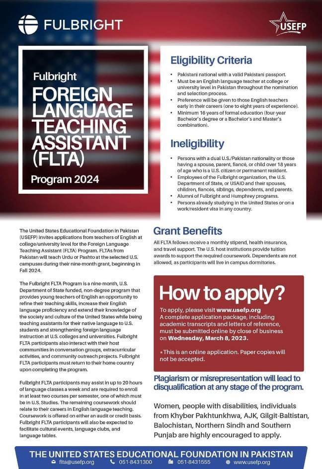 USEFP Fulbright FLTA Program for Teachers in USA 2023 USEFP Fulbright FLTA Program for Teachers in USA 2023