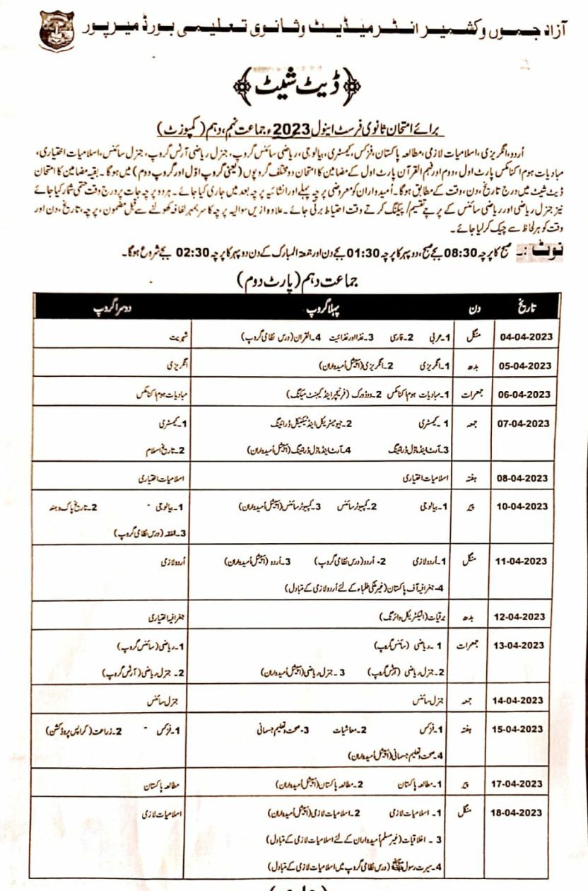 AJKBISE 10th Class Date Sheet 2023